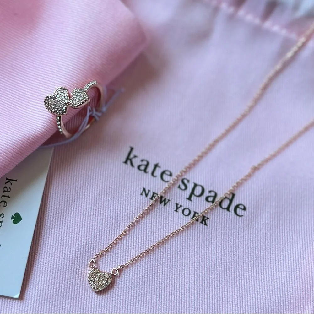NEW Kate Spade Yours Truly Pave Heart Ring & Mini Pendant Necklace Rose Gold - Picture 3 of 8
